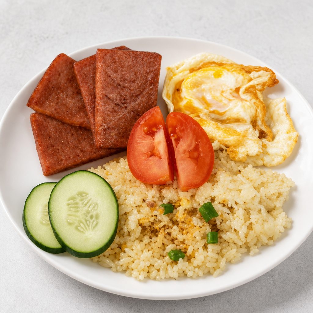 Spamsilog (Spam) Served with Garlic Rice and 2 Eggs.