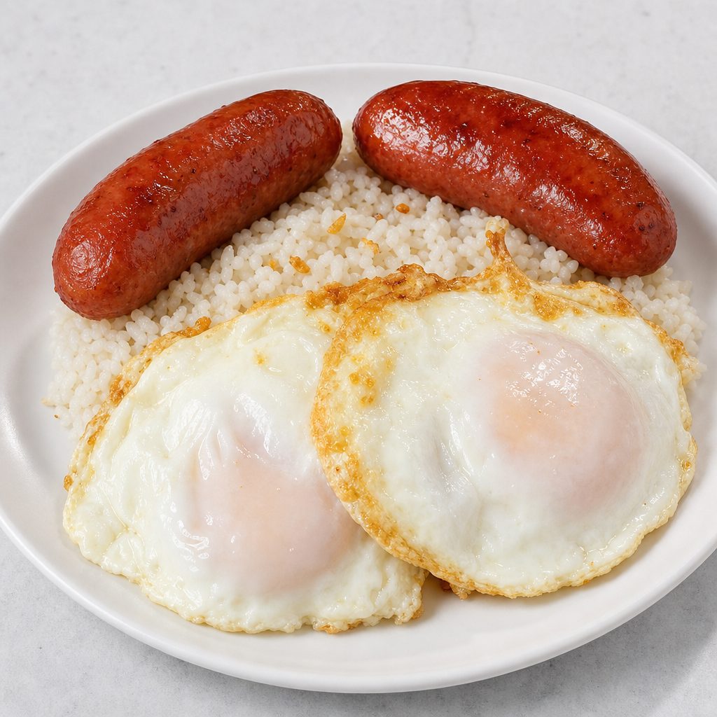 Longsilog (Pork Longanisa) Served with Garlic Rice and 2 Eggs.