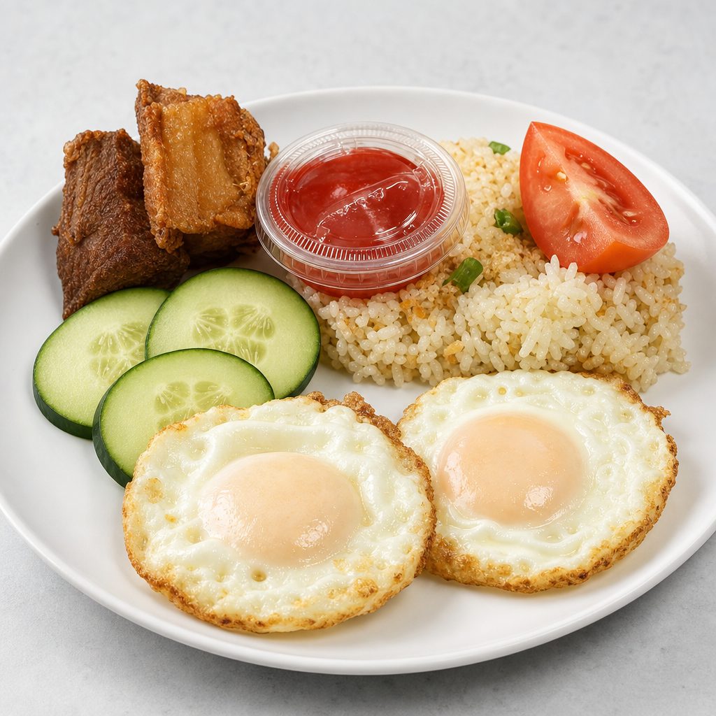 Lechon Kawali Silog - Served with Garlic Rice and 2 Eggs.