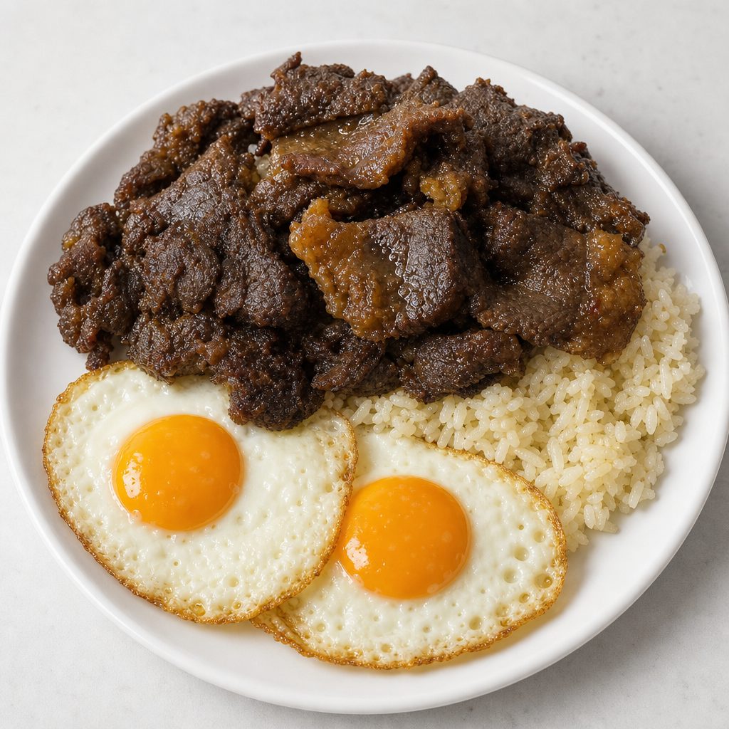Tapsilog (Beef Tapa) Served with Garlic Rice and 2 Eggs.