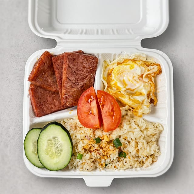Spamsilog (Spam) Served with Garlic Rice and 2 Eggs.