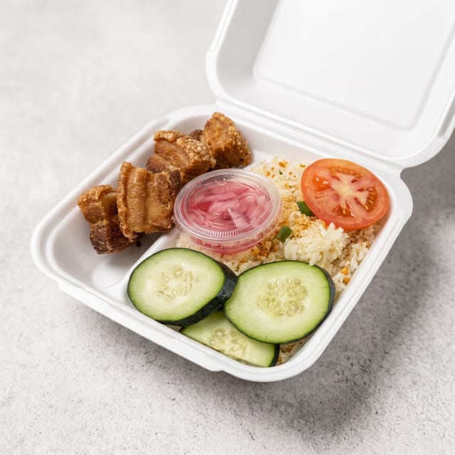 Lechon Kawali Silog - Served with Garlic Rice and 2 Eggs.